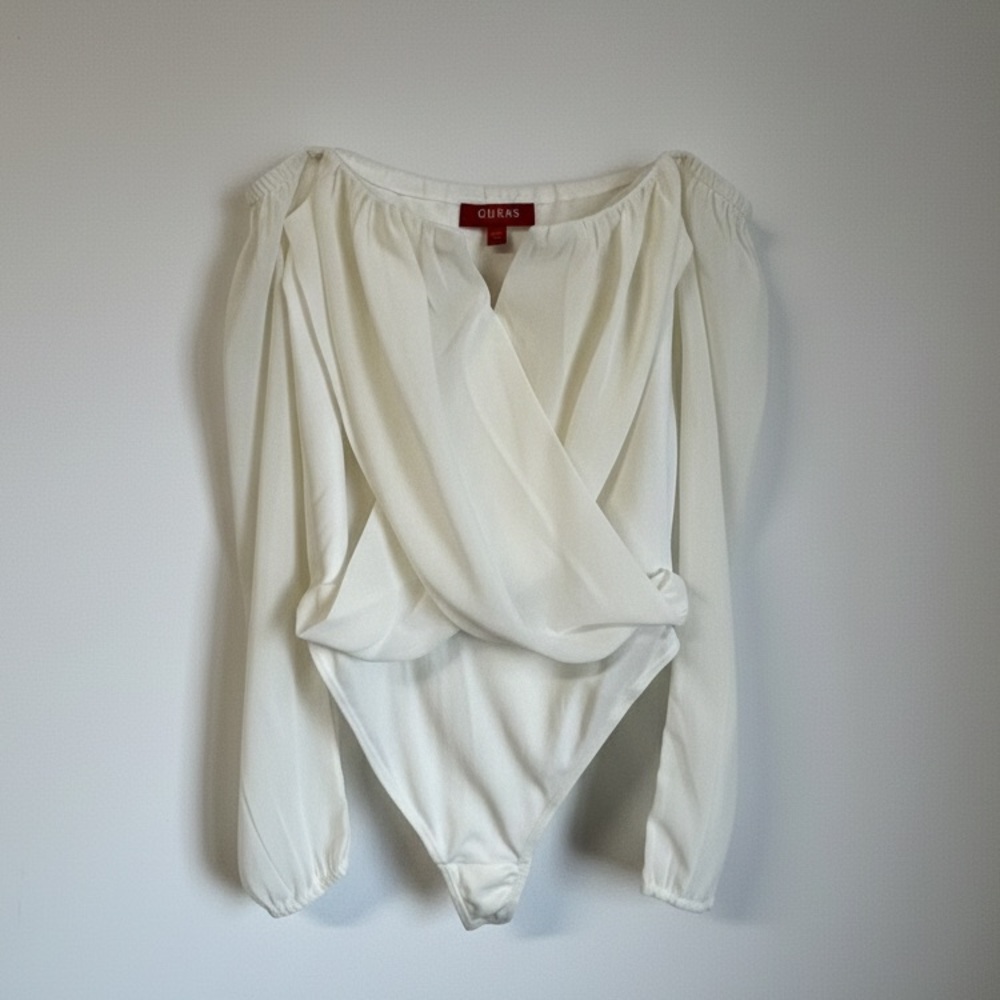 GUESS Cream Off-The-Shoulder Wrap Bodysuit Small Date Night